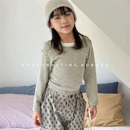 -キッズトップス レーススクエアネック 長袖Tシャツ カットソー 3カラー - mamahalo shop - 長袖Tシャツ -  べビー服 - 子供服 - 男の子 - 女の子