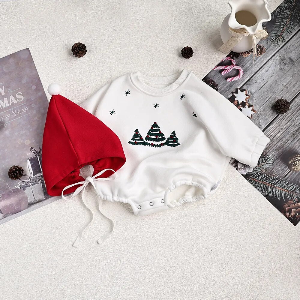 -ベビー長袖ロンパース とんがり帽子セット クリスマス コスチューム 裏フリース もみの木 クリスマスツリープリント ホワイト ユニセックス 男の子 女の子 子供服 - mamahalo shop - 長袖ロンパース -  べビー服 - 子供服 - 男の子 - 女の子