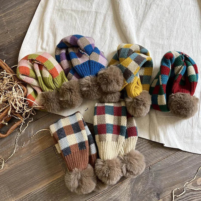 -キッズマフラー ニット ネックウォーマー ぽんぽん付き 水玉ポルカドット チェック 12カラー - mamahalo shop - ネックウォーマー -  べビー服 - 子供服 - 男の子 - 女の子