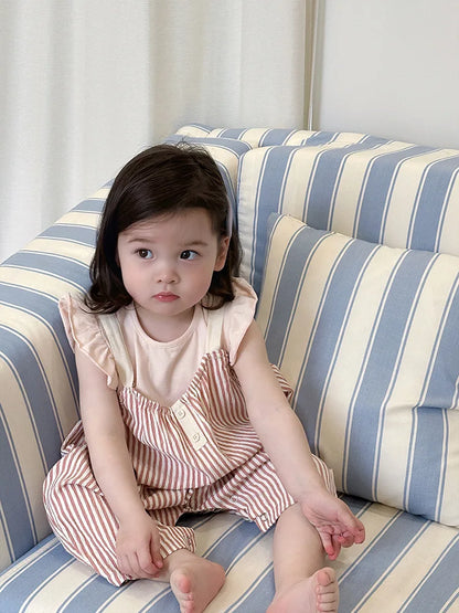 -ベビートップス/サロペット フリルスリーブTシャツ/ストライプサスペンダージャンプスーツ ピンク【mh0006306】 - mamahalo shop - サロペットパンツ・サスペンダーパンツ -  べビー服 - 子供服 - 男の子 - 女の子