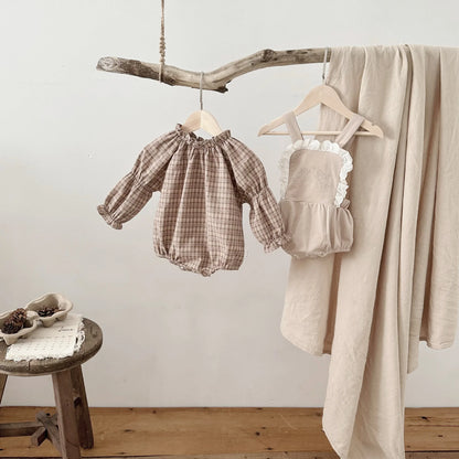 -ベビーロンパース チェック柄 フリル襟 長袖ボディスーツ - mamahalo shop - 長袖ロンパース -  べビー服 - 子供服 - 男の子 - 女の子
