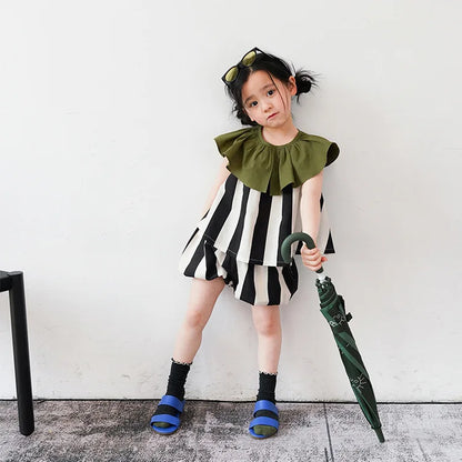 -キッズ ストライプ セットアップ フリルカラー 半袖 ブラウス バルーン ショートパンツ - mamahalo shop - ノースリーブセットアップ -  べビー服 - 子供服 - 男の子 - 女の子