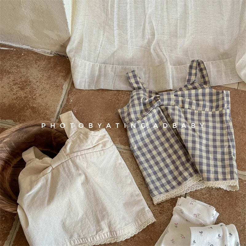 -キッズトップス ノースリーブ リボンブラウス チェック/無地 2カラー - mamahalo shop - タンクトップ・キャミソール・ノースリーブトップス -  べビー服 - 子供服 - 男の子 - 女の子
