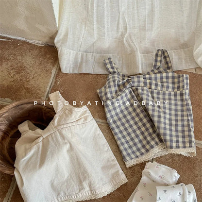 -キッズトップス ノースリーブ リボンブラウス チェック/無地 2カラー - mamahalo shop - タンクトップ・キャミソール・ノースリーブトップス -  べビー服 - 子供服 - 男の子 - 女の子