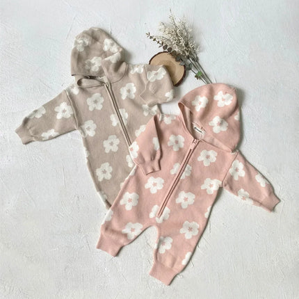 4206 Baby Clothes 2024 Autumn and Winter Sweater Jumpsuit Flower Zipper Hooded Long Sleeve Baby Girl's Climbing Clothes - mamahalo shop - 長袖ジャンプスーツ -  べビー服 - 子供服 - 男の子 - 女の子