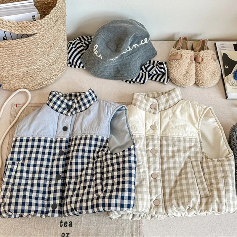 -キッズベスト アウター チェック ジャケット ブルー ネージュ 2カラー ボーイズ 男の子 子供服 - mamahalo shop - ベスト -  べビー服 - 子供服 - 男の子 - 女の子