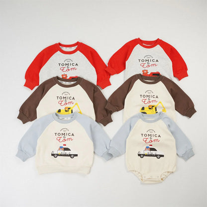 -ベビーロンパース 乗り物車プリントラグランパッチワーク長袖ボディスーツ 3カラー【mh0006963】 - mamahalo shop - 長袖ロンパース -  べビー服 - 子供服 - 男の子 - 女の子