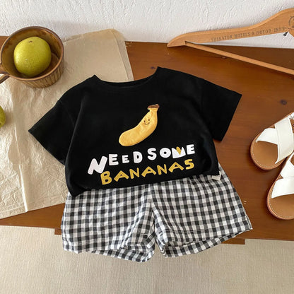 -ベビーキッズセットアップ 2点セット 半袖アップリケTシャツ+チェックショートパンツ フルーツ 3カラー - mamahalo shop - 半袖セットアップ -  べビー服 - 子供服 - 男の子 - 女の子