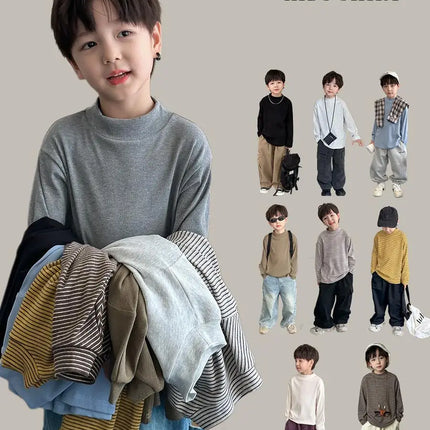 キッズトップス 無地/ボーダーシンプルハイネック長袖Tシャツ - mamahalo shop - 長袖Tシャツ -  べビー服 - 子供服 - 男の子 - 女の子