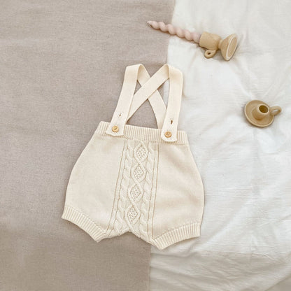 -ベビー アランニット ケーブル編み サスペンダー ニット バルーン パンツ ショートパンツ サロペット ホワイト ベージュ ダークグレー ユニセックス 6999 - mamahalo shop - サロペットパンツ・サスペンダーパンツ -  べビー服 - 子供服 - 男の子 - 女の子