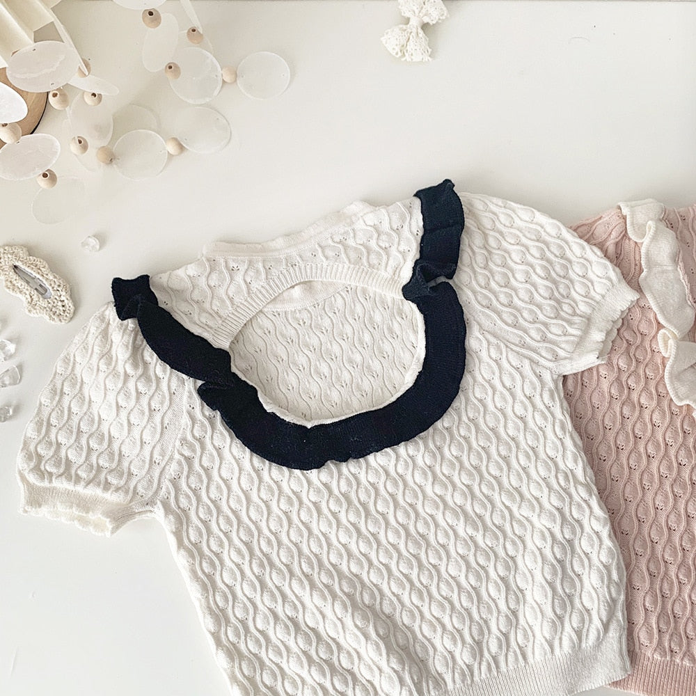 -キッズ ニット バックオープン 半袖 Tシャツ ブラウス カットソー ホワイト ピンク ガールズ - mamahalo shop - ニット・セーター -  べビー服 - 子供服 - 男の子 - 女の子