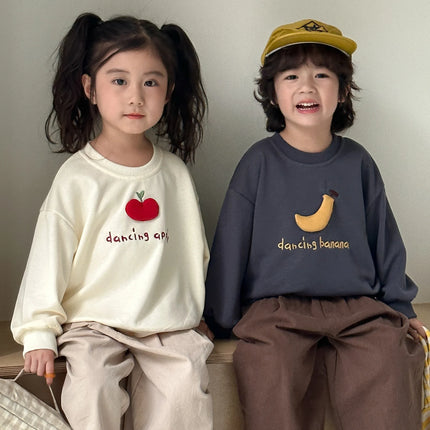 キッズトップス バナナ/りんごアップリケ長袖スウェットシャツ - mamahalo shop - 長袖Tシャツ -  べビー服 - 子供服 - 男の子 - 女の子