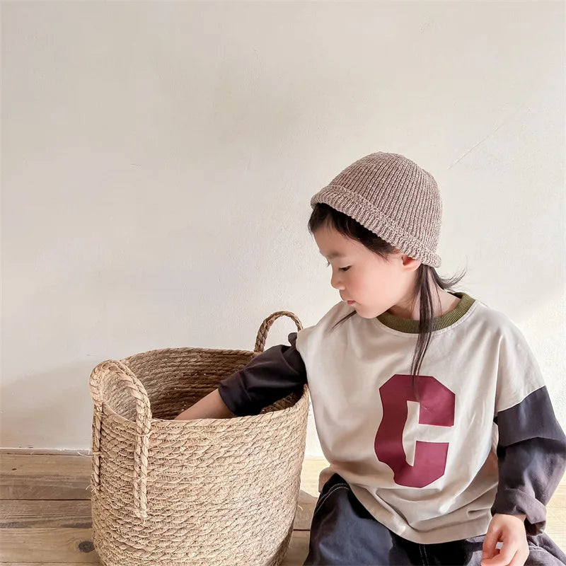 -キッズトップス 長袖Tシャツ パッチワーク レターロゴプリント 2カラー - mamahalo shop - 長袖Tシャツ -  べビー服 - 子供服 - 男の子 - 女の子