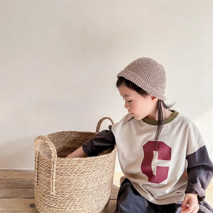 -キッズトップス 長袖Tシャツ パッチワーク レターロゴプリント 2カラー - mamahalo shop - 長袖Tシャツ -  べビー服 - 子供服 - 男の子 - 女の子