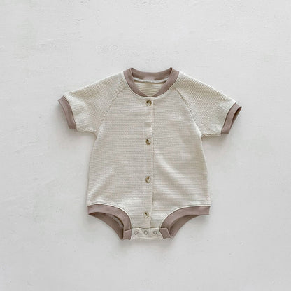 -ベビー ワッフル バイピング 半袖 ロンパース ライトグリーン ベージュ ユニセックス【mh0002012】 - mamahalo shop - 半袖ロンパース -  べビー服 - 子供服 - 男の子 - 女の子