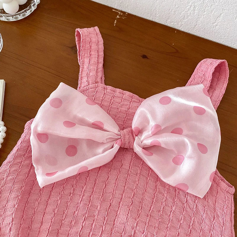 -ベビーロンパース キャミソールボディスーツ 水玉ドットリボン ピンク【mh0004896】 - mamahalo shop - ノースリーブロンパース -  べビー服 - 子供服 - 男の子 - 女の子