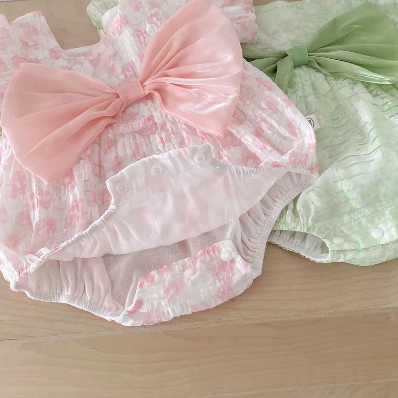 -ベビーロンパース 半袖パフスリーブボディスーツ リボン フラワープリント ヘアバンドセット 2カラー【mh0005422】 - mamahalo shop - 半袖ロンパース -  べビー服 - 子供服 - 男の子 - 女の子