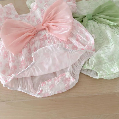 -ベビーロンパース 半袖パフスリーブボディスーツ リボン フラワープリント ヘアバンドセット 2カラー【mh0005422】 - mamahalo shop - 半袖ロンパース -  べビー服 - 子供服 - 男の子 - 女の子