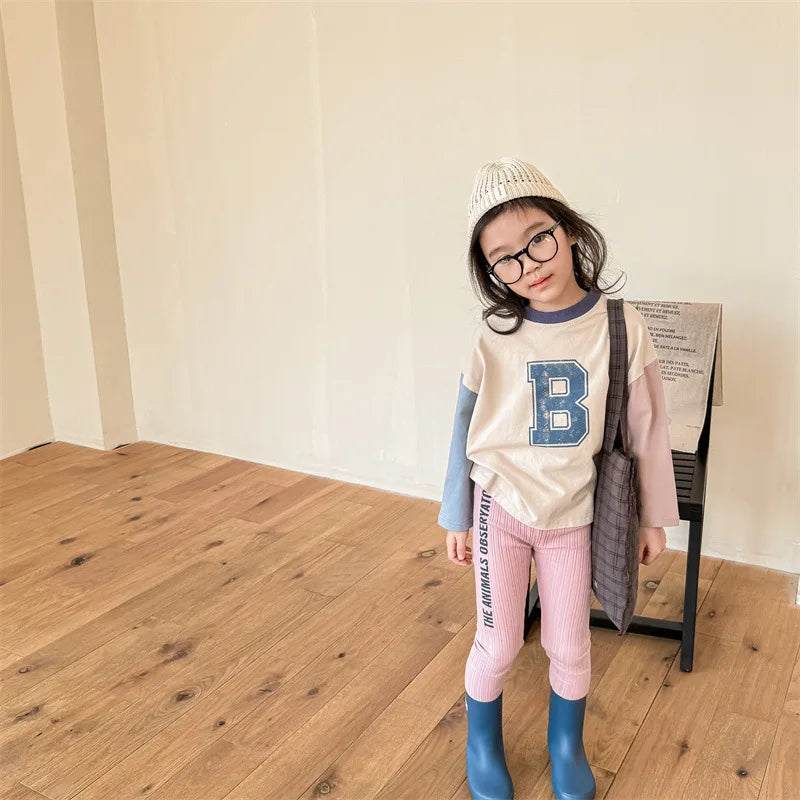 -キッズパンツ サイドレターロゴプリントリブレギンスパンツ 2カラー - mamahalo shop - レギンスパンツ -  べビー服 - 子供服 - 男の子 - 女の子