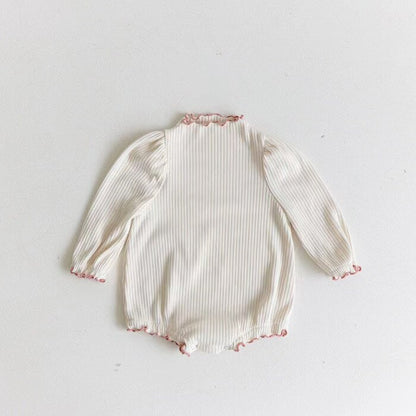 -ベビー 長袖ロンパース リブ フリル スタンドカラー シンプル ベーシック ピンク ベージュ 2カラー ガールズ 女の子 子供服 7819 - mamahalo shop - 長袖ロンパース -  べビー服 - 子供服 - 男の子 - 女の子
