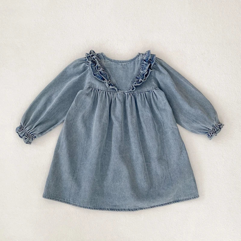 -キッズワンピース デニムフリルアクセント長袖ワンピース【mh0006985】 - mamahalo shop - 長袖ワンピース -  べビー服 - 子供服 - 男の子 - 女の子