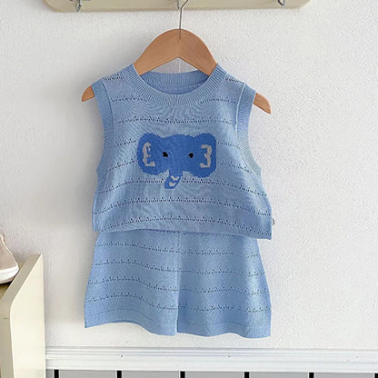 -キッズセットアップ 2点セット ニットノースリーブベストトップス+ショートパンツ アニマル刺繍 2カラー - mamahalo shop - ノースリーブセットアップ -  べビー服 - 子供服 - 男の子 - 女の子