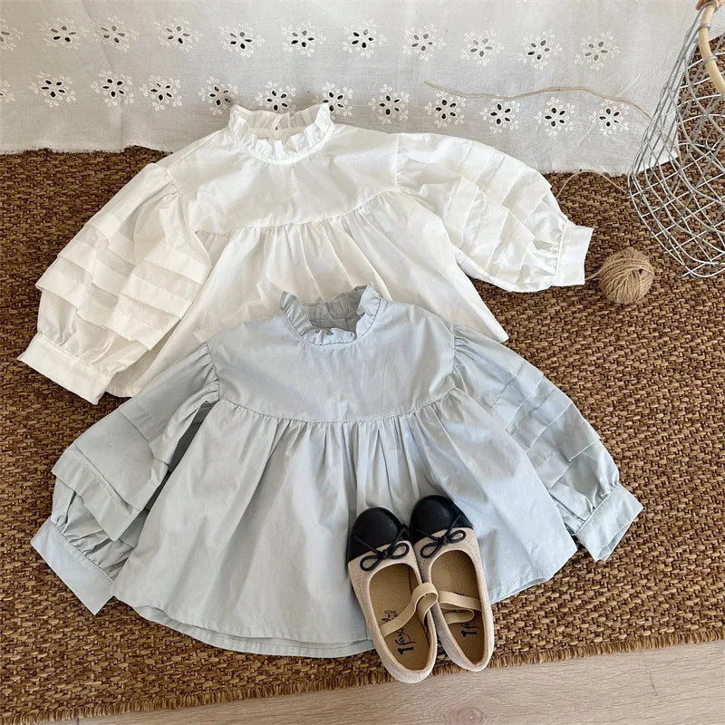 -キッズトップス 長袖ブラウス フリルスタンドカラー ホワイト/ライトブルー/2カラー - mamahalo shop - 長袖シャツ・ブラウス -  べビー服 - 子供服 - 男の子 - 女の子