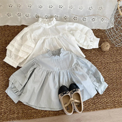 -キッズトップス 長袖ブラウス フリルスタンドカラー ホワイト/ライトブルー/2カラー - mamahalo shop - 長袖シャツ・ブラウス -  べビー服 - 子供服 - 男の子 - 女の子