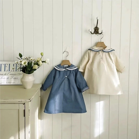 -ベビーキッズワンピース マリンセーラーカラー長袖ワンピース 2カラー - mamahalo shop - 長袖ワンピース -  べビー服 - 子供服 - 男の子 - 女の子