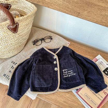 -キッズ レターロゴ 刺繍 コーデュロイ 長袖 パフスリーブ ジャケット コート アウター ガールズ【mh0002607】 - mamahalo shop - ショートコート・ジャケット・ジャンパー -  べビー服 - 子供服 - 男の子 - 女の子