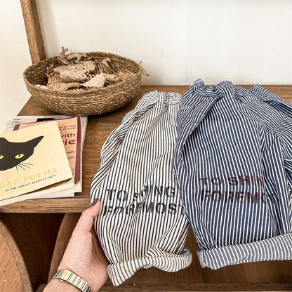 -キッズ ストライプ レターロゴ プリント ルーズ ヒッコリー パンツ ボーイズ - mamahalo shop - ロングパンツ・スウェットパンツ -  べビー服 - 子供服 - 男の子 - 女の子