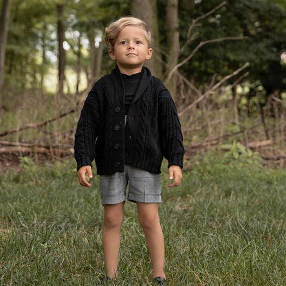 -ベビーキッズジュニア ケーブルニットカーディガン トラッドチェック サスペンダーパンツ ロングパンツ リンクコーデ 兄弟お揃い お出かけ - mamahalo shop - サロペットパンツ・サスペンダーパンツ -  べビー服 - 子供服 - 男の子 - 女の子