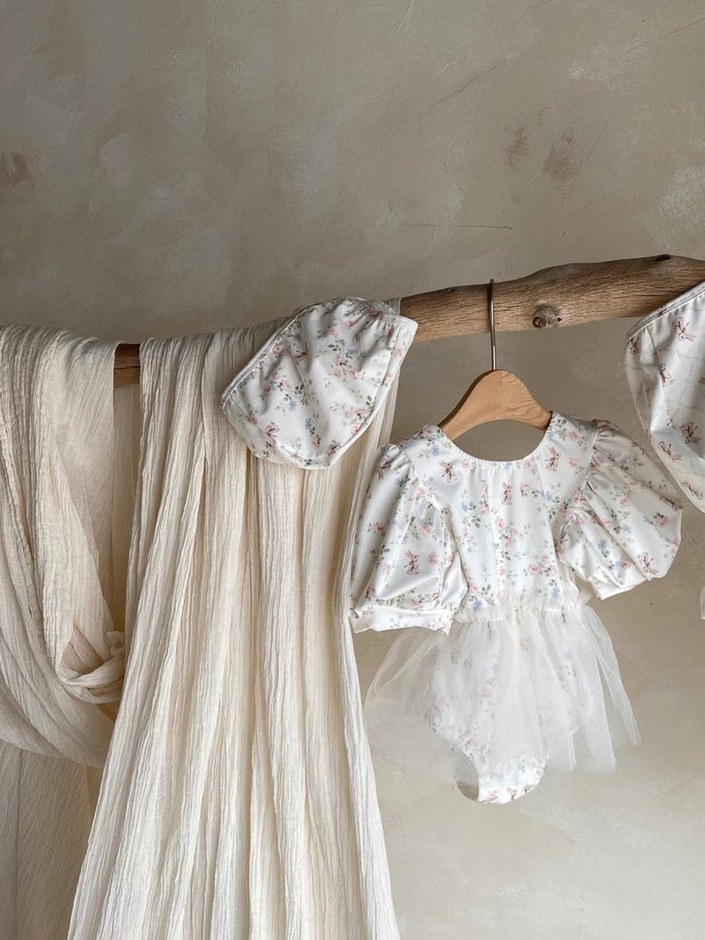 -ベビー 水着 フラワー 花柄 ハート チュチュ チュール 半袖 パフスリーブ ワンピース スイムウェア 帽子 セット 3デザイン ガールズ【mh0002288】 - mamahalo shop - ベビー用水着 -  べビー服 - 子供服 - 男の子 - 女の子