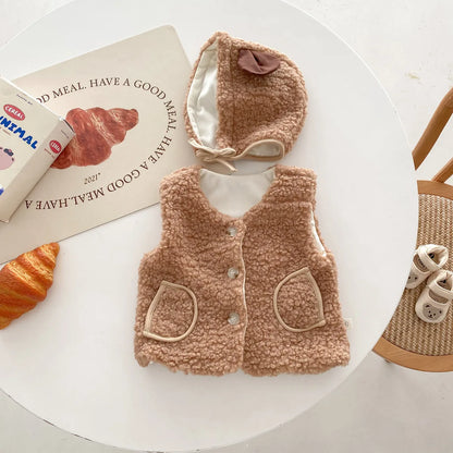 -ベビーアウター ボアフリース もこもこベスト 耳付き帽子セット コーヒー ホワイト 2カラー - mamahalo shop - ベスト -  べビー服 - 子供服 - 男の子 - 女の子