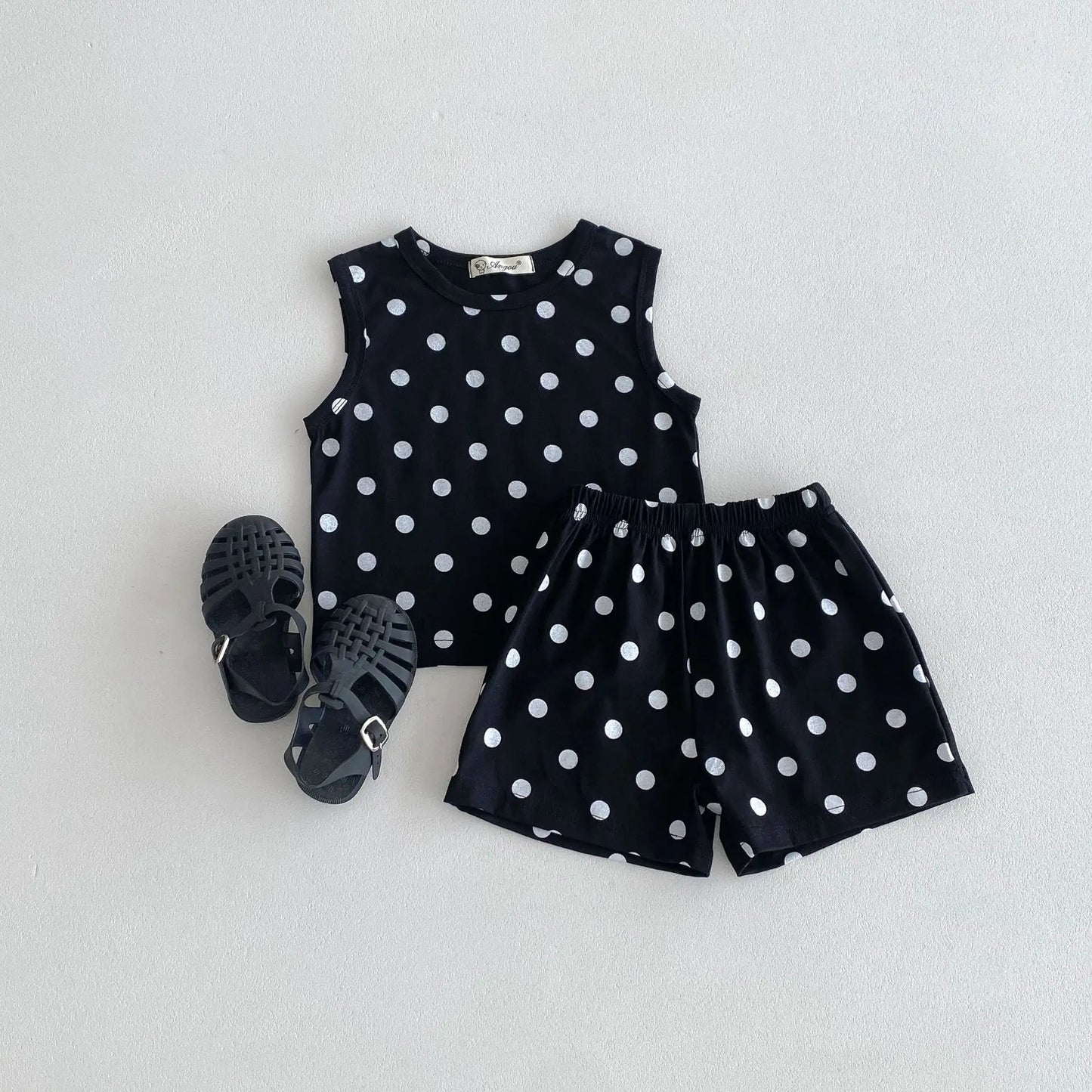 -キッズセットアップ 2点セット タンクトップ+ショートパンツ カラフルハート/水玉ドットプリント 2カラー【mh0005253】 - mamahalo shop - ノースリーブセットアップ -  べビー服 - 子供服 - 男の子 - 女の子