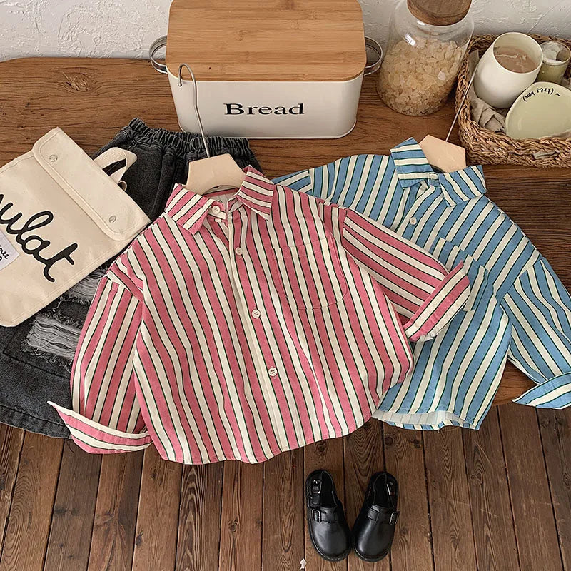 -キッズトップス 長袖シャツ ブラウス ストライプ柄 ピンク/ブルー/2カラー - mamahalo shop - 長袖シャツ・ブラウス -  べビー服 - 子供服 - 男の子 - 女の子