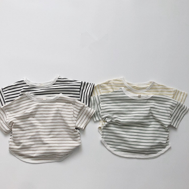 -キッズ ボーダー ルーズ 半袖 Tシャツ トップス 4カラー ユニセックス - mamahalo shop - 半袖Tシャツ -  べビー服 - 子供服 - 男の子 - 女の子