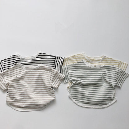 -キッズ ボーダー ルーズ 半袖 Tシャツ トップス 4カラー ユニセックス - mamahalo shop - 半袖Tシャツ -  べビー服 - 子供服 - 男の子 - 女の子