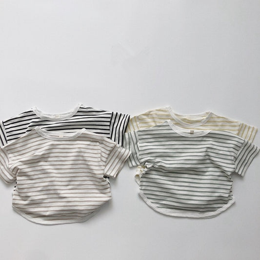 -キッズ ボーダー ルーズ 半袖 Tシャツ トップス 4カラー ユニセックス - mamahalo shop - 半袖Tシャツ -  べビー服 - 子供服 - 男の子 - 女の子