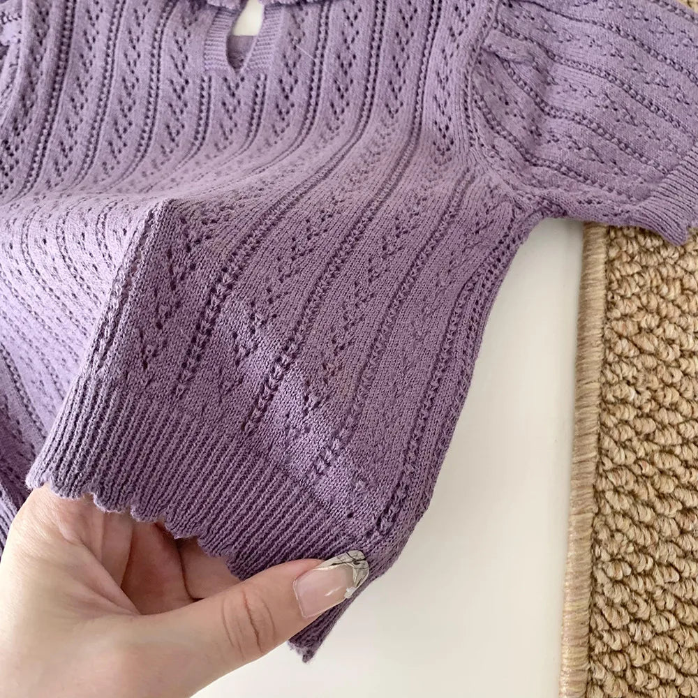 -ベビーキッズトップス レースニット フリル襟 半袖サマーセーター 3カラー - mamahalo shop - 半袖Tシャツ -  べビー服 - 子供服 - 男の子 - 女の子