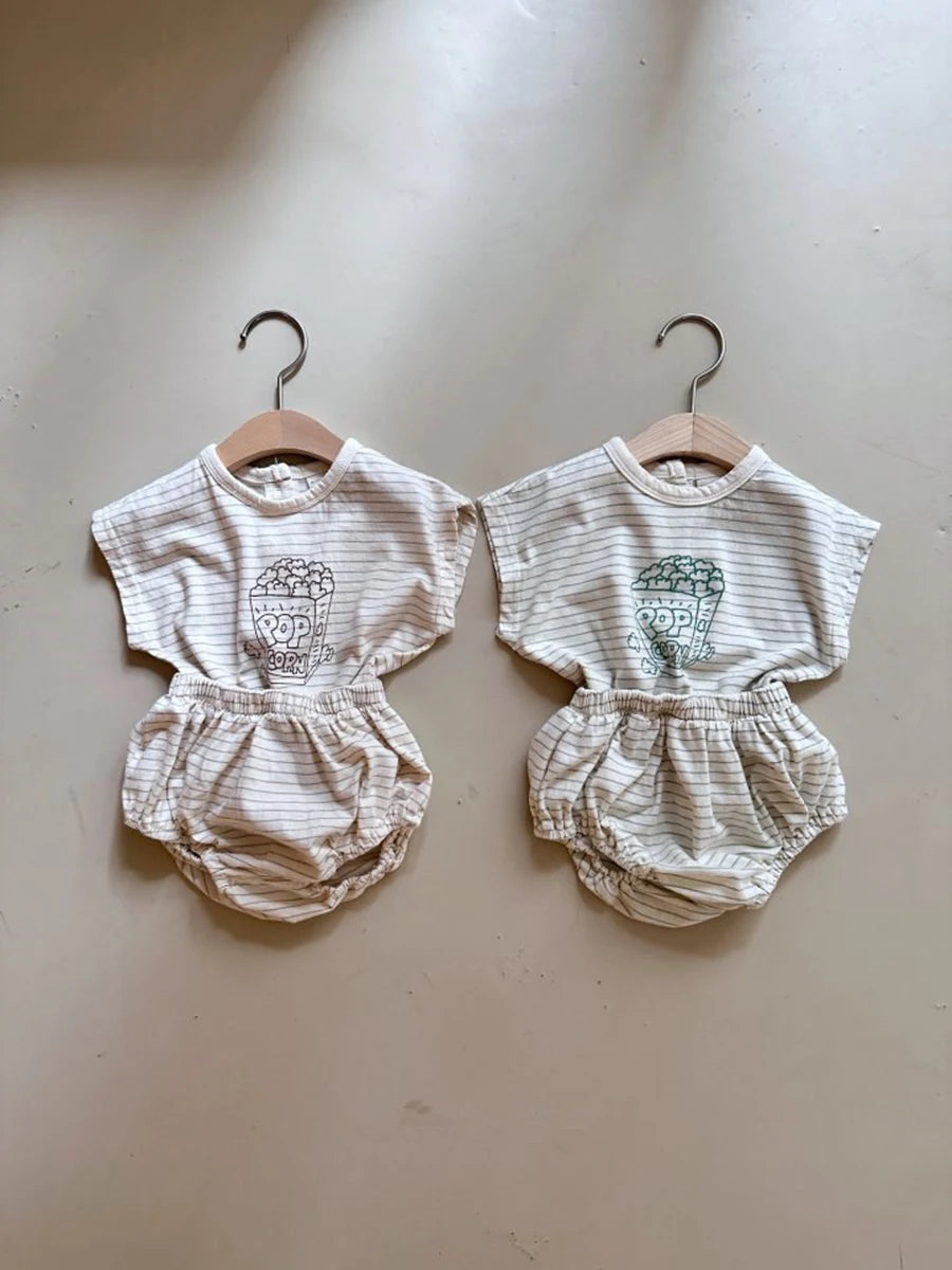 -ベビーセットアップ 2点セット 半袖Tシャツ+ブルマパンツ ボーダー ポップコーンプリント 2カラー【mh0005940】 - mamahalo shop - 半袖セットアップ -  べビー服 - 子供服 - 男の子 - 女の子