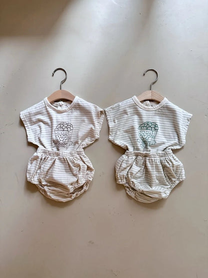 -ベビーセットアップ 2点セット 半袖Tシャツ+ブルマパンツ ボーダー ポップコーンプリント 2カラー【mh0005940】 - mamahalo shop - 半袖セットアップ -  べビー服 - 子供服 - 男の子 - 女の子