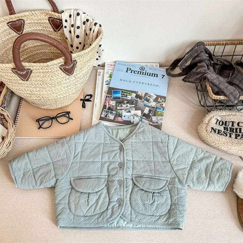 -キッズ キルティングジャケット ショートコート ジャンパー ベージュ スカイブルー アーミーグリーン 3カラー ユニセックス 男の子 女の子 子供服 - mamahalo shop - ショートコート・ジャケット・ジャンパー -  べビー服 - 子供服 - 男の子 - 女の子