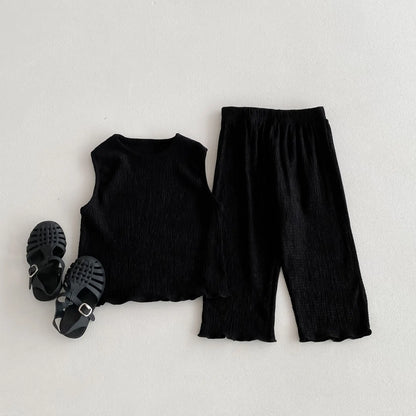 -キッズセットアップ 2点セット ノースリーブシャツ+ワイドルーズロングパンツ 無地 3カラー【mh0005573】 - mamahalo shop - ノースリーブセットアップ -  べビー服 - 子供服 - 男の子 - 女の子