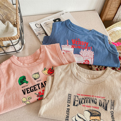 -キッズ レターロゴ プリント タンクトップ ノースリーブ Tシャツ カーキ ブルー ピンク ユニセックス【mh0002050】 - mamahalo shop - タンクトップ・キャミソール・ノースリーブトップス -  べビー服 - 子供服 - 男の子 - 女の子