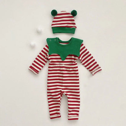 -ベビーセットアップ 3点セット ボーダー 長袖Tシャツ パンツ スタイつけ襟 クリスマスカラー グリーン レッド ユニセックス 男の子 女の子 子供服 - mamahalo shop - 長袖セットアップ -  べビー服 - 子供服 - 男の子 - 女の子