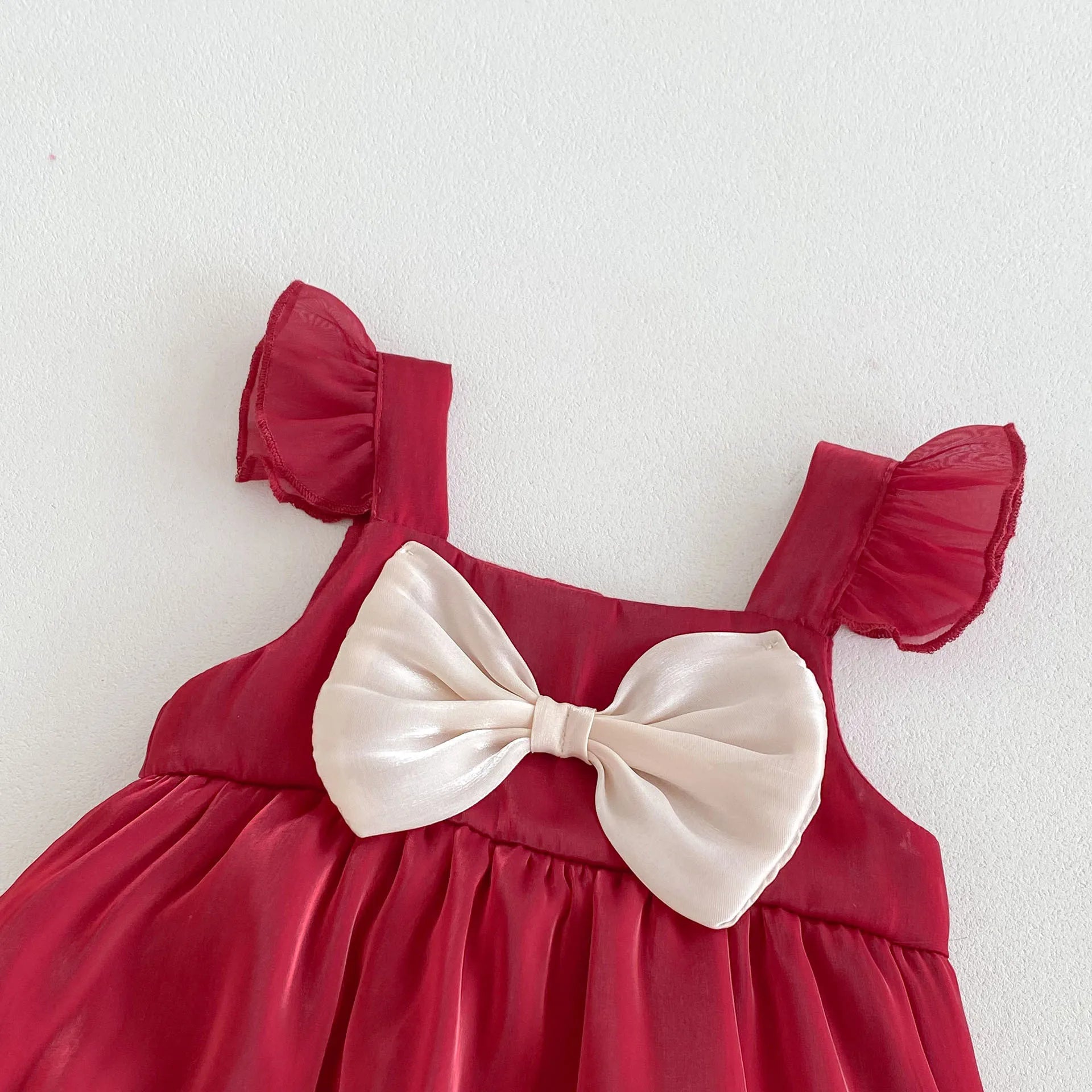 -ベビーロンパース ノースリーブリボンボディスーツ レッド【mh0005608】 - mamahalo shop - ノースリーブロンパース -  べビー服 - 子供服 - 男の子 - 女の子