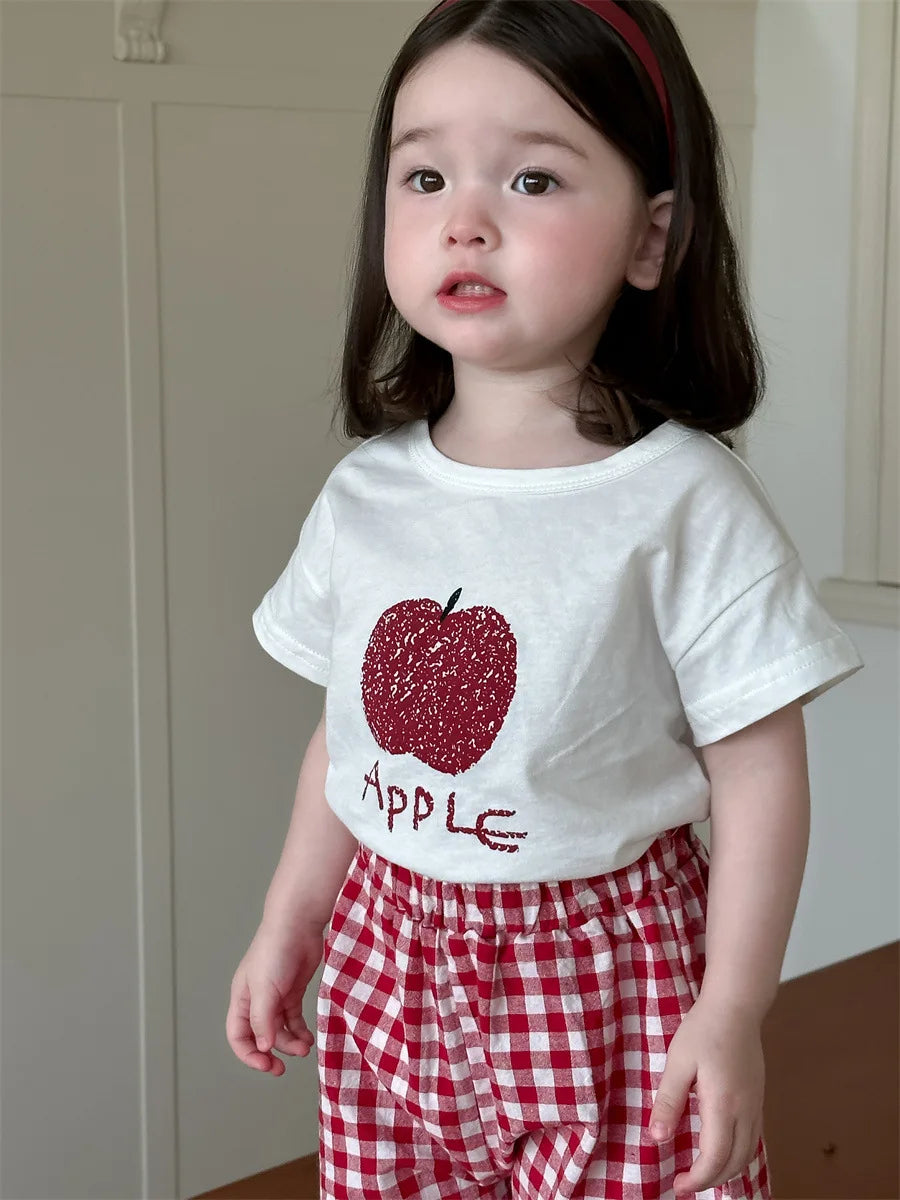 -ベビーセットアップ 2点セット 半袖Tシャツ+ショートパンツ フルーツプリント チェック 2カラー【mh0006274】 - mamahalo shop - 半袖セットアップ -  べビー服 - 子供服 - 男の子 - 女の子