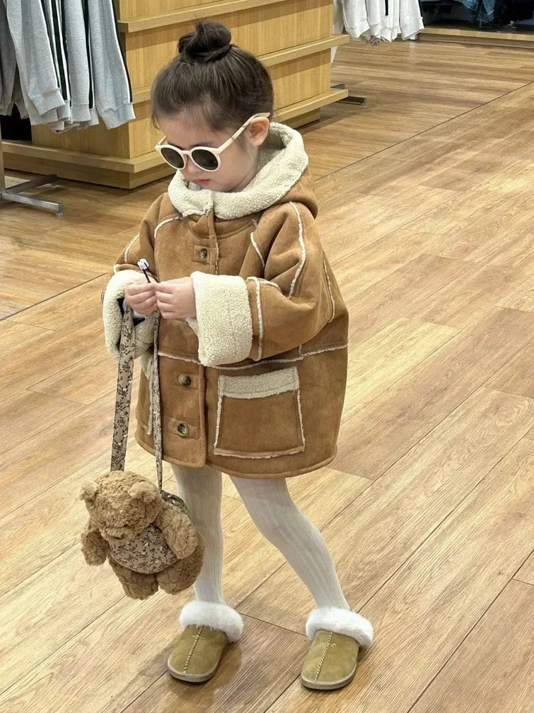 -キッズアウター リバーシブルボアフリースフーディフェイクムートンコート カーキ - mamahalo shop - ショートコート・ジャケット・ジャンパー -  べビー服 - 子供服 - 男の子 - 女の子