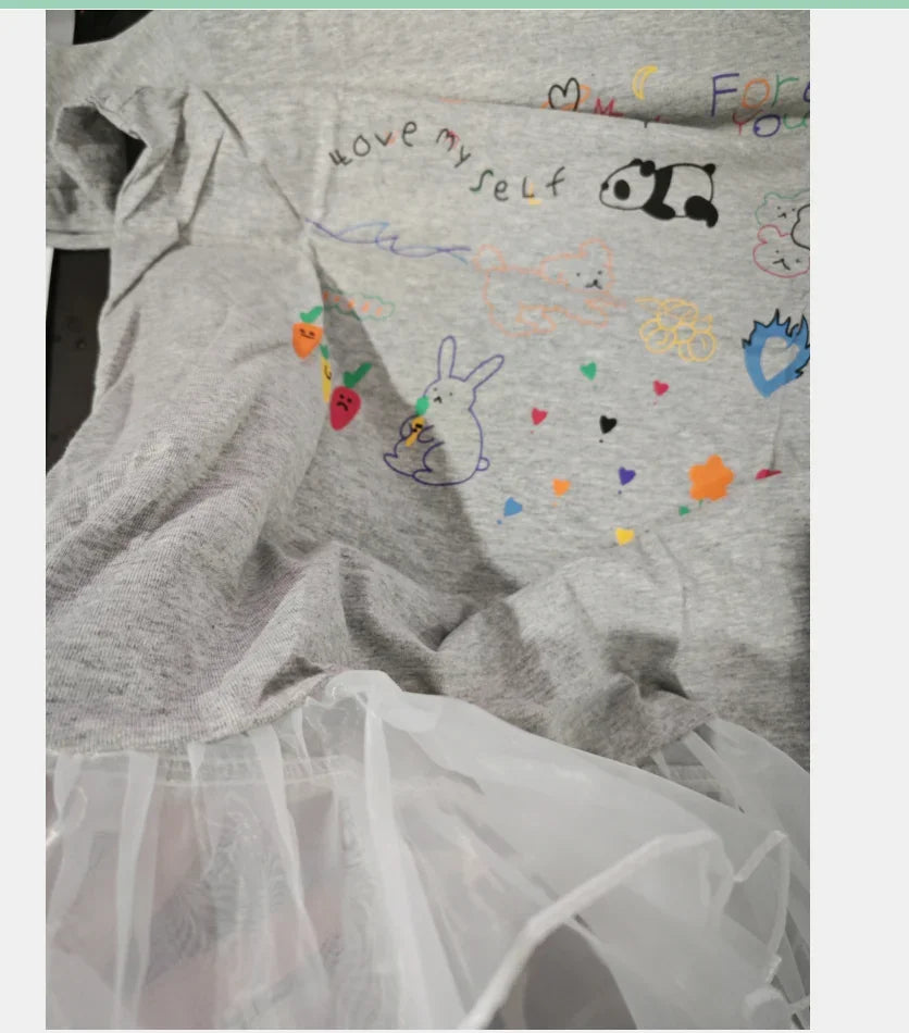 -キッズワンピース 半袖Tシャツワンピース チュチュチュールフリル お絵描きプリント グレー【mh0006109】 - mamahalo shop - 半袖ワンピース -  べビー服 - 子供服 - 男の子 - 女の子